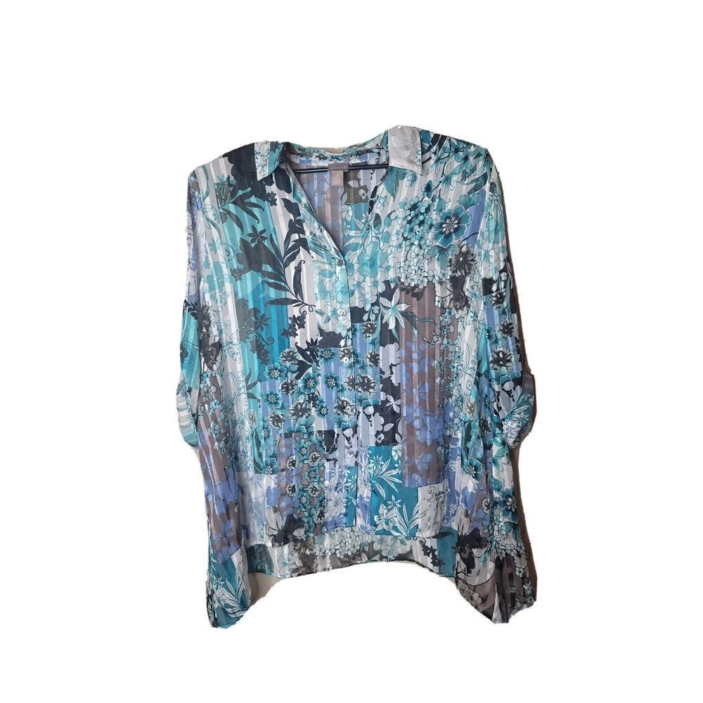 Chico's Size 3 Women's Floral Sheer Lagenlook Blouse Shirt Size XL Artsy t33